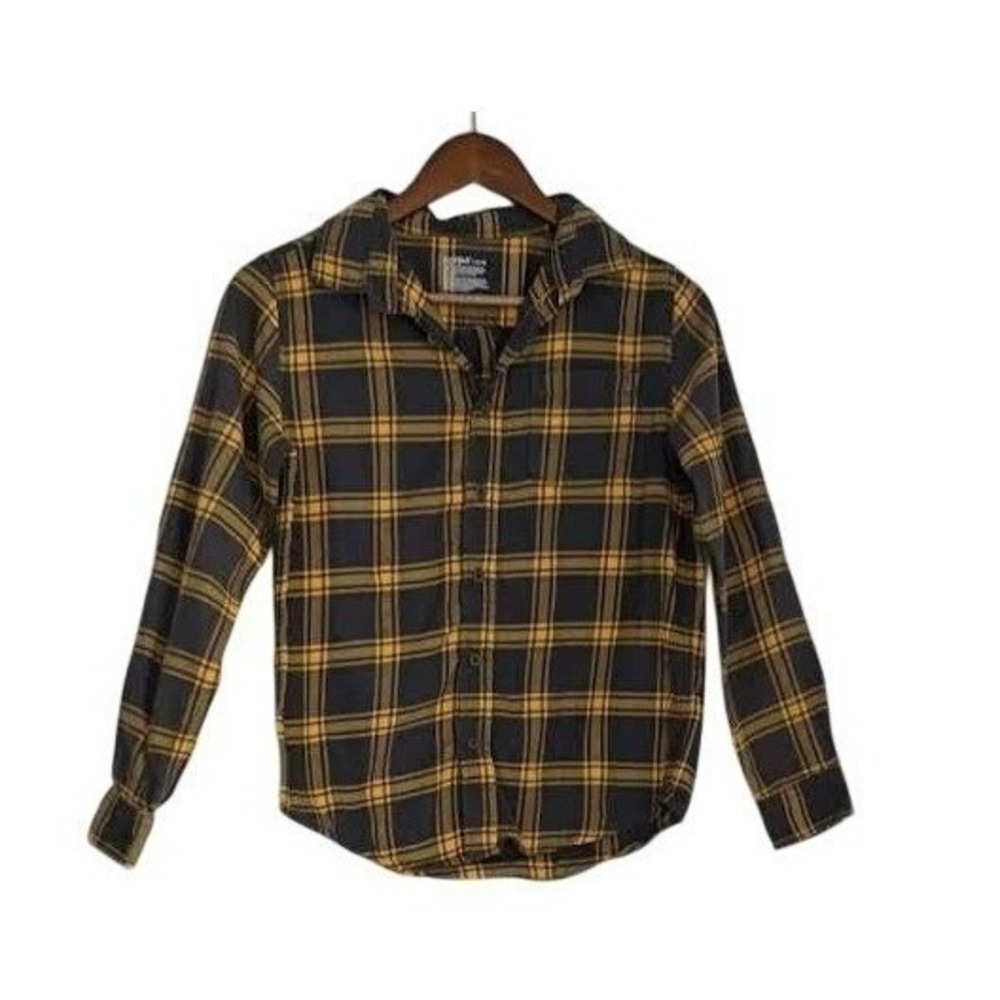 Cat & Jack Plaid Flannel Shirt Yellow Cotton Button Down Boys L 12/ XS Women Fit
